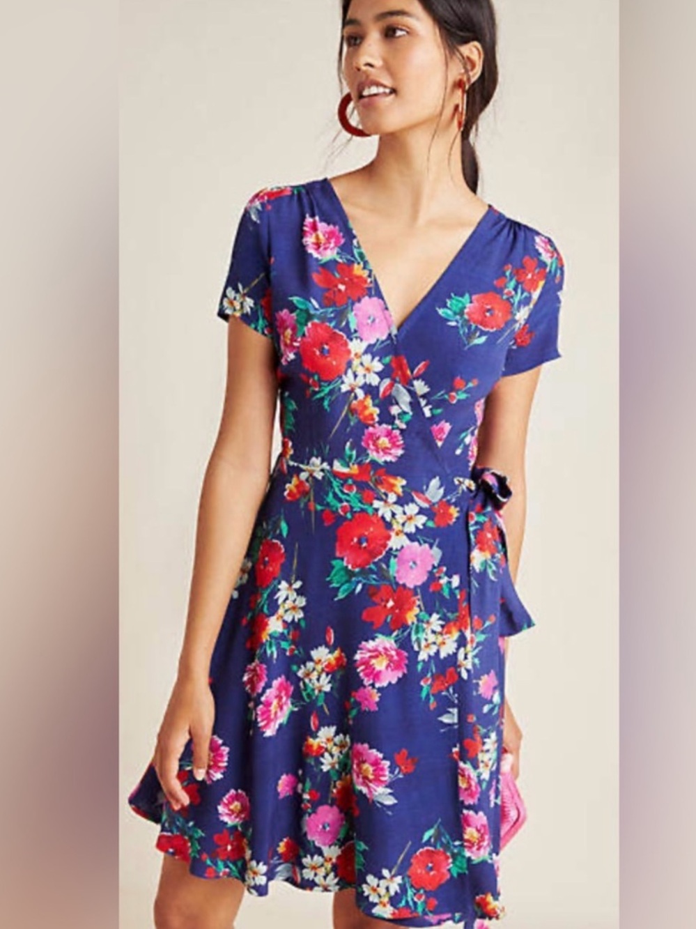 Anthropologie Yumi Kim Blue Pink Red Floral Wrap Dress - Size L